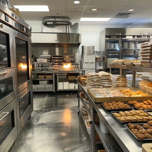 Commercial bakery production room with ovens and preparation equipment