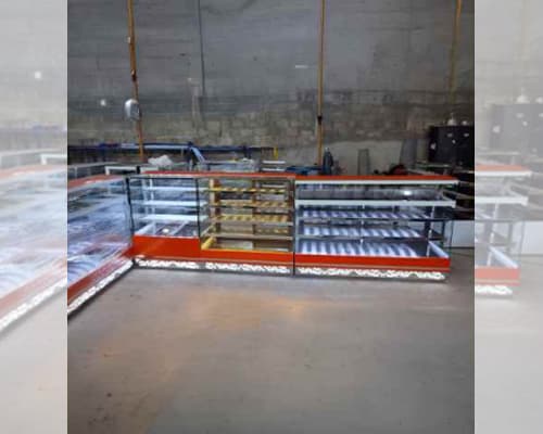 Illuminated glass bakery display counter for cakes and pastries